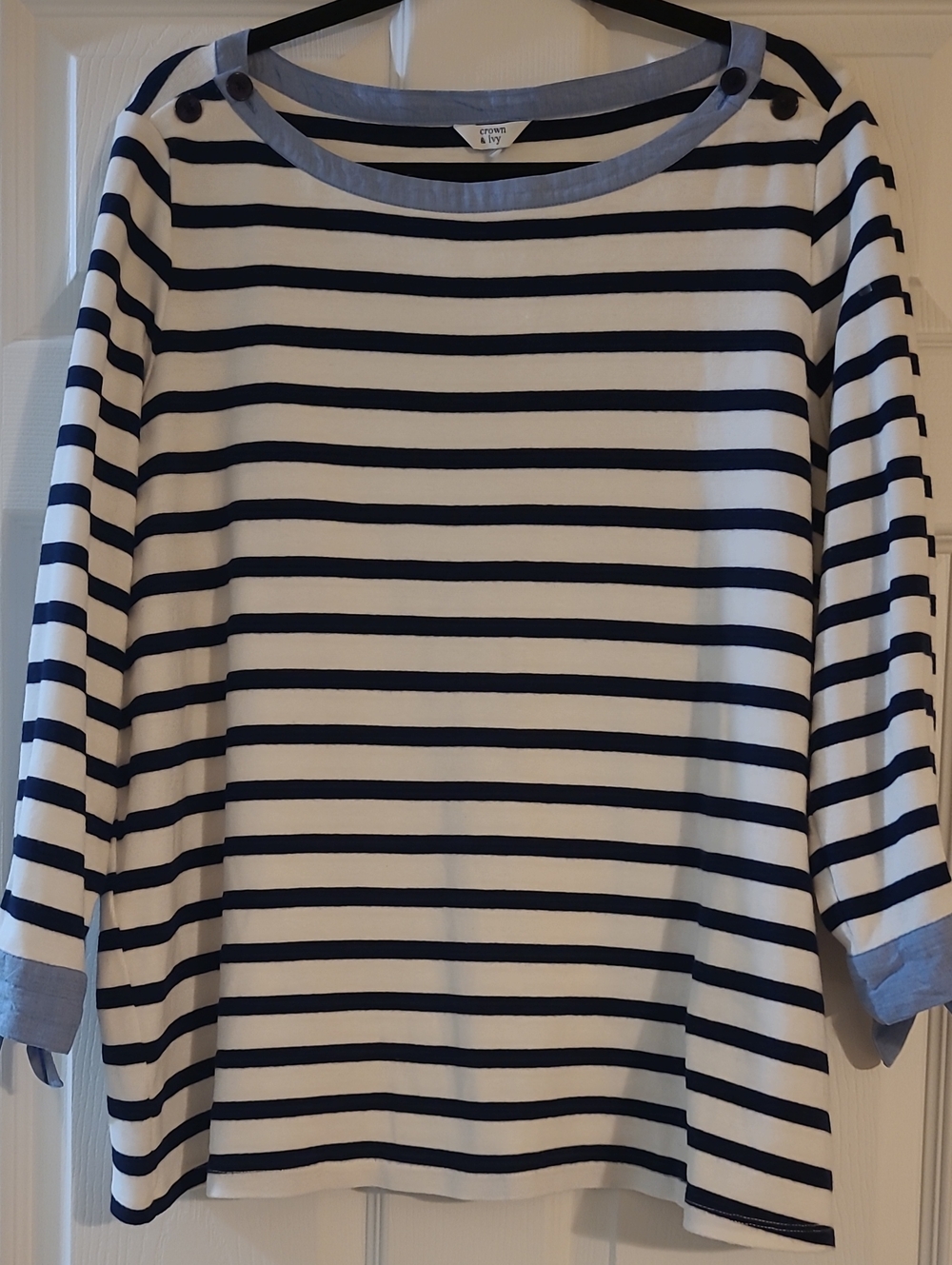 crown & ivy Navy and White Striped Boatneck Top with Button Shoulder Detail